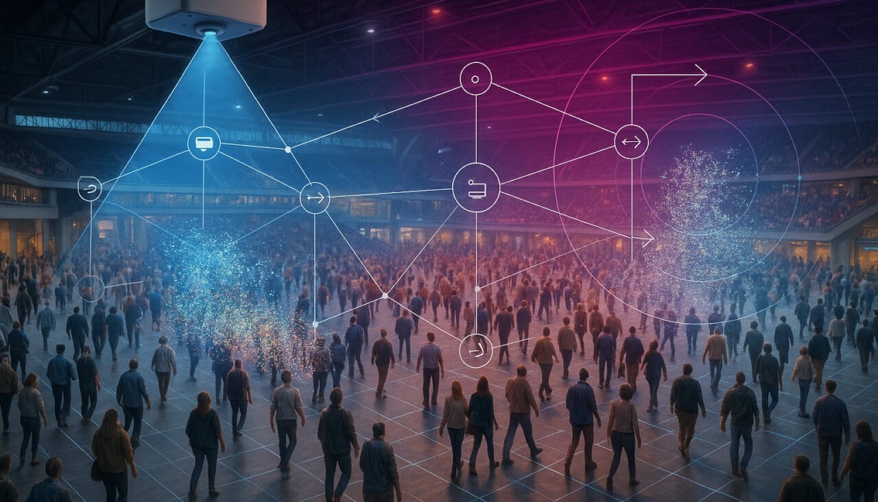 A modern venue interior bustling with people, overlaid by a realistic LiDAR sensor emitting a scanni