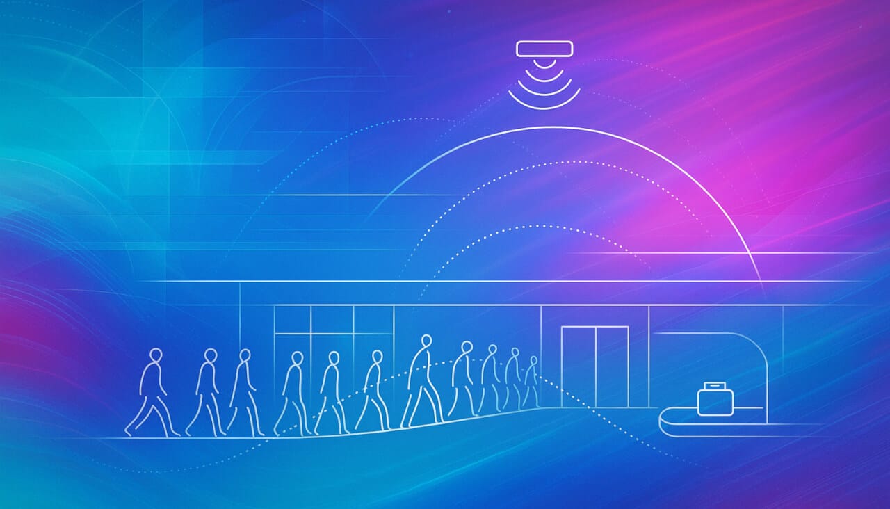 Abstract digital cover: vibrant layered gradients and geometric forms suggest data and passenger flo