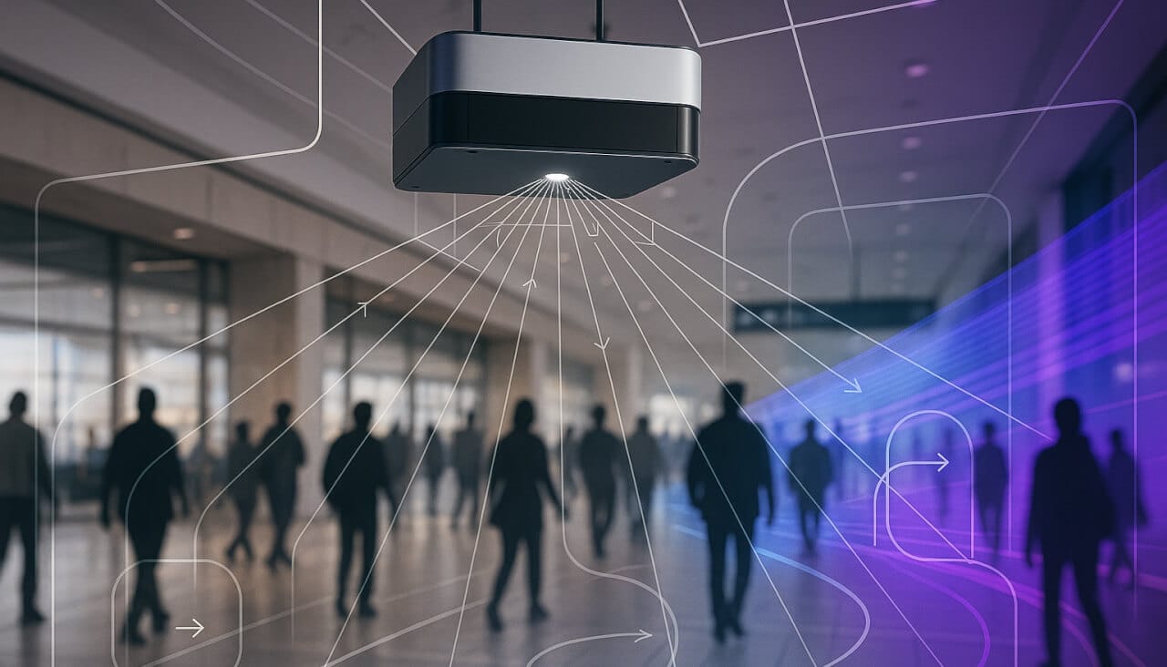 A conceptual cover showing a modern venue interior with realistic LiDAR sensors emitting digital poi