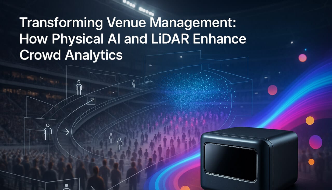 High-res LiDAR sensor and bustling stadium interior blend with glowing point cloud, holographic grad